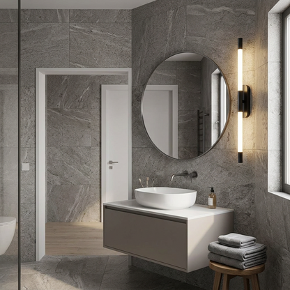 Abelle slim tube LED wall sconce in Black, apartment bathroom, Seattle WA