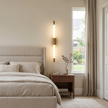 Abelle slim tube LED wall sconce in Gold, suburban bedroom, Charlotte NC