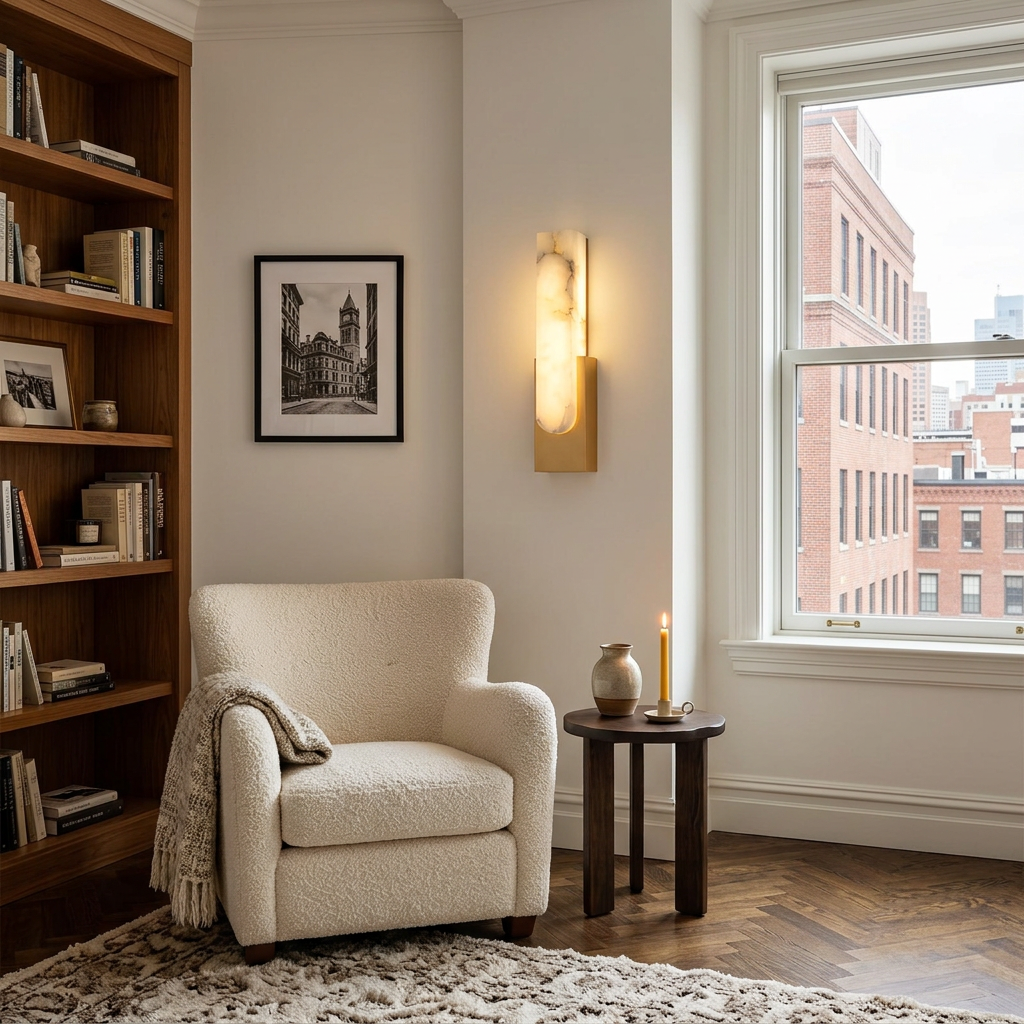 Adrielle alabaster LED wall sconce in Copper, apartment living room, Boston MA