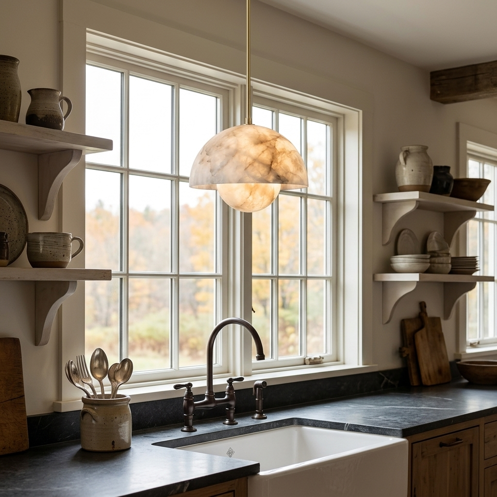 Arabelle single alabaster dome brass pendant over a farmhouse kitchen sink