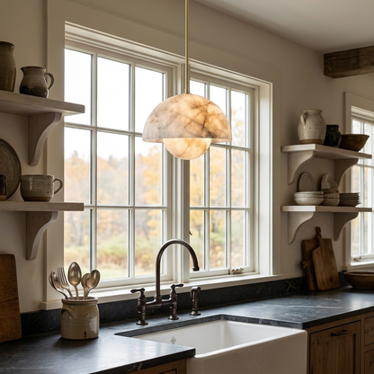 Arabelle single alabaster dome brass pendant over a farmhouse kitchen sink