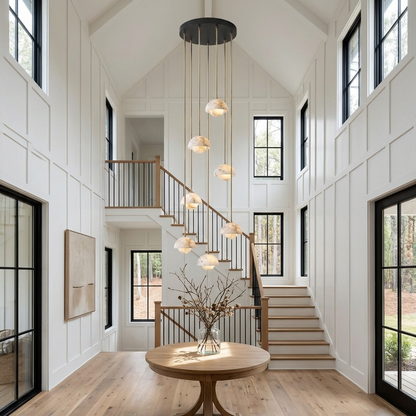 Arabelle 7-light alabaster dome cluster pendant in a farmhouse double-height foyer