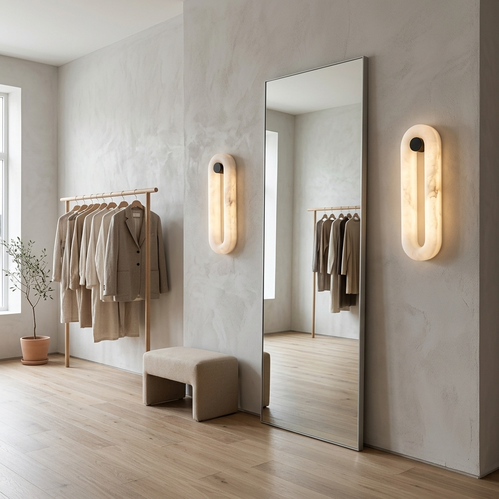 Aquila alabaster capsule wall sconces in a Portland clothing boutique