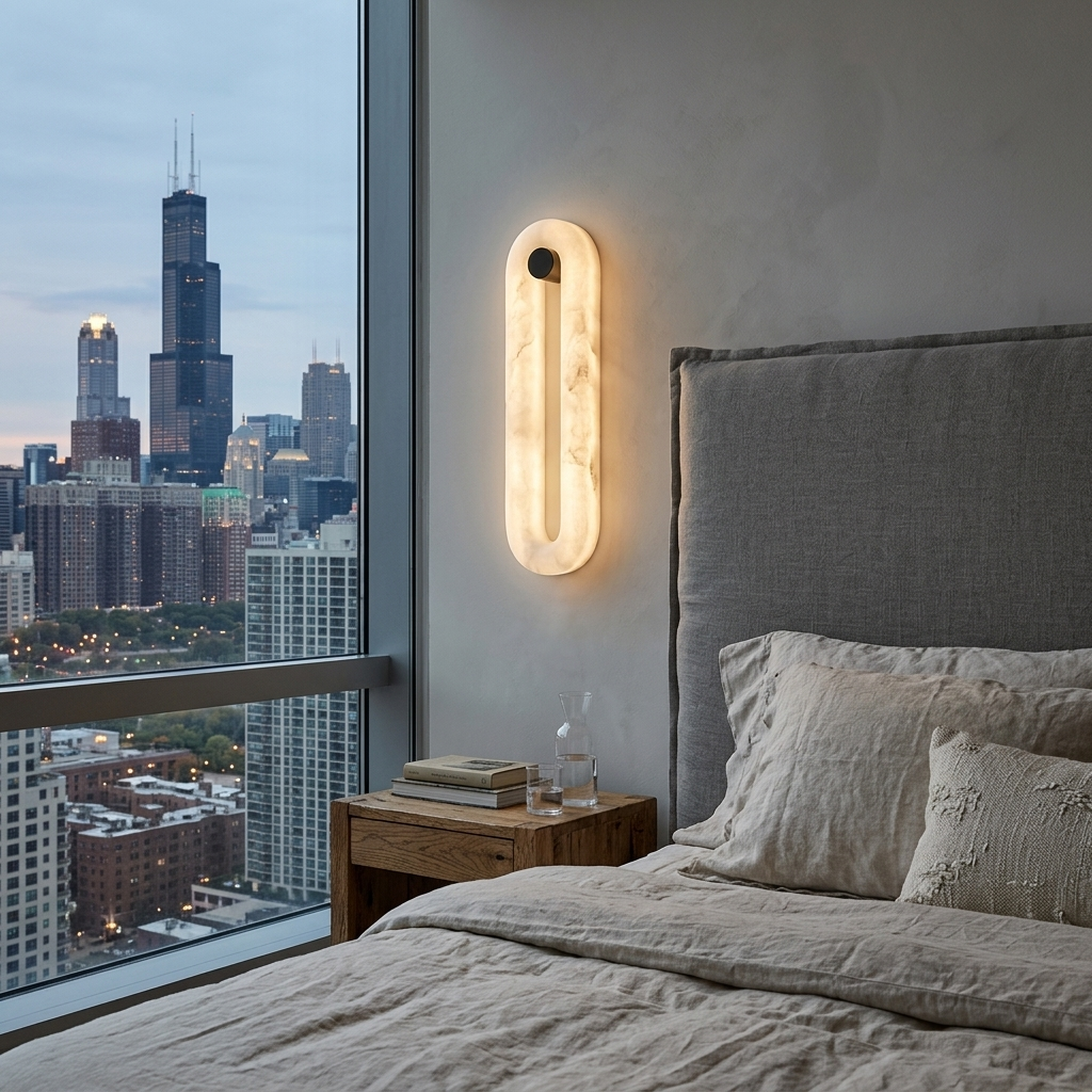 Aquila alabaster capsule wall sconce beside a bed in a Chicago apartment