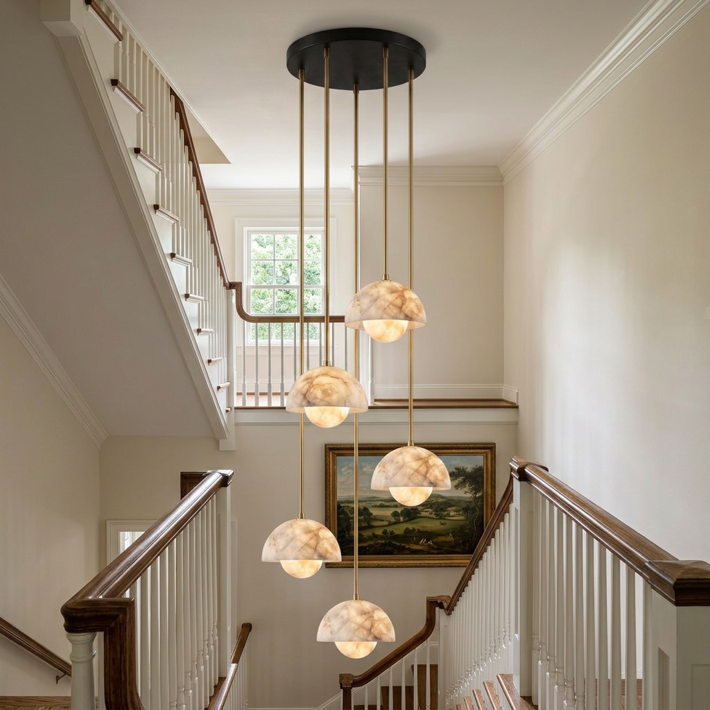 Arabelle 5-light alabaster dome cluster pendant in a suburban stairwell