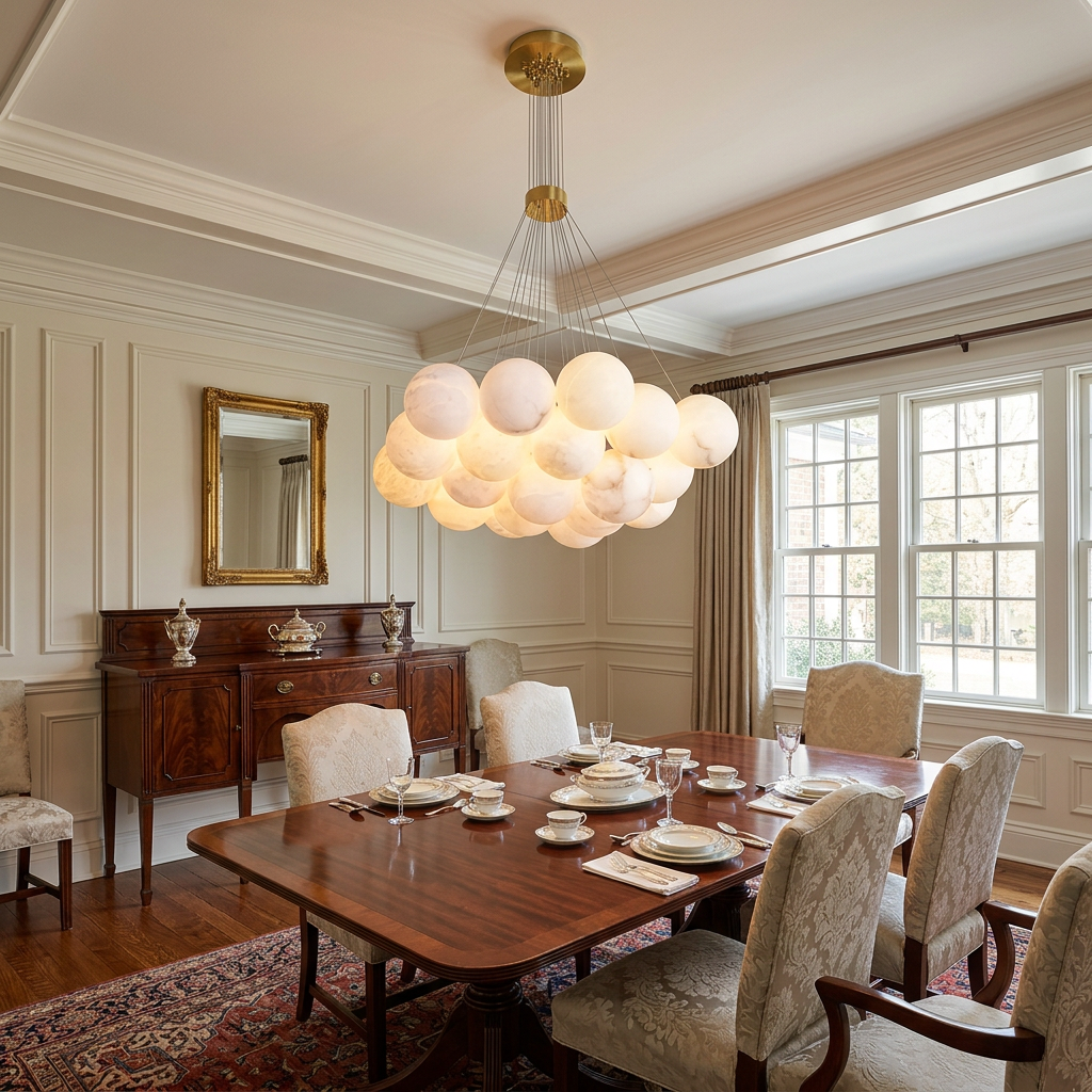 Alix alabaster ball cluster chandelier, 19 lights gold, in a formal dining room of a Colonial-style house in Greenwich, Connecticut