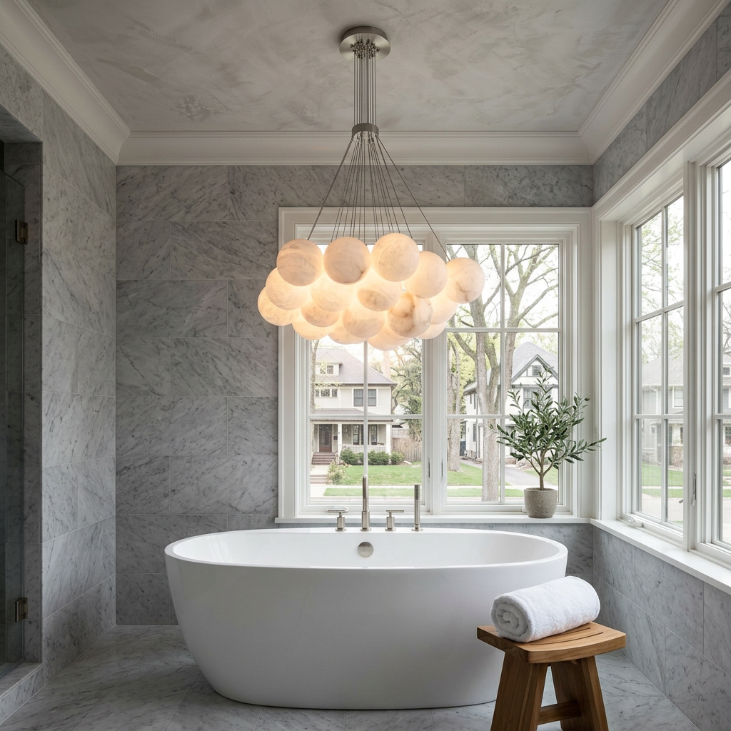 Alix alabaster ball cluster chandelier, 15 lights brushed nickel, in a spa-like primary bathroom in a Minneapolis, Minnesota home
