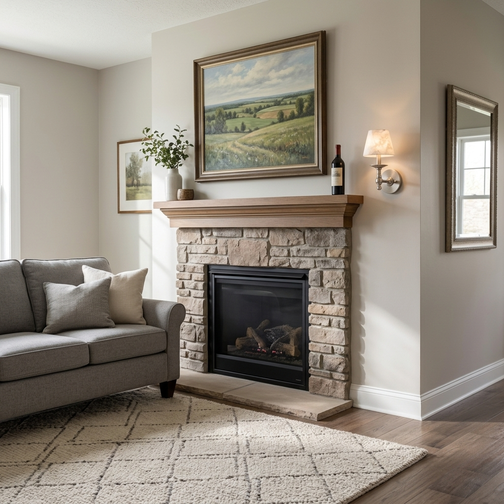 Agathe alabaster candlestick wall sconce in Nickel, suburban living room, Columbus OH