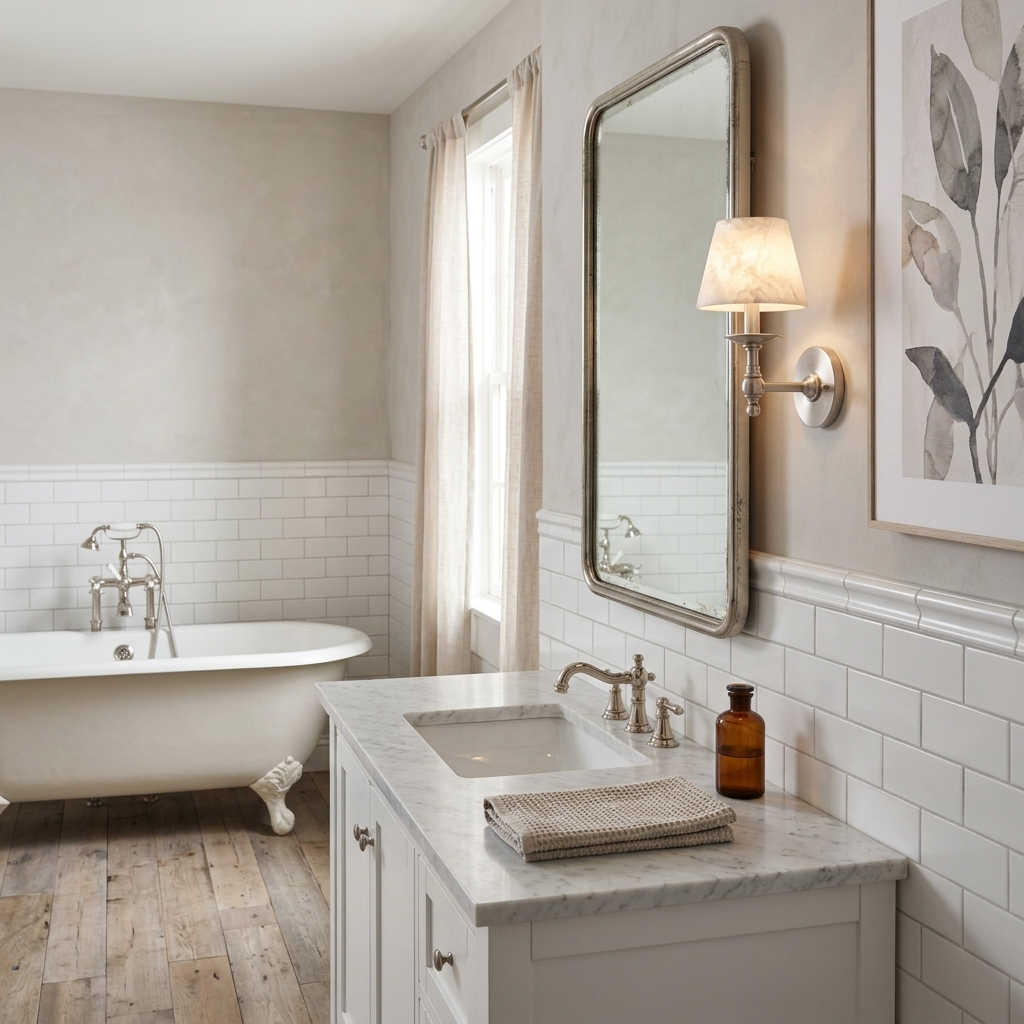Agathe alabaster candlestick wall sconce in Nickel, farmhouse bathroom, Asheville NC