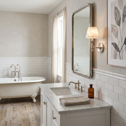 Agathe alabaster candlestick wall sconce in Nickel, farmhouse bathroom, Asheville NC