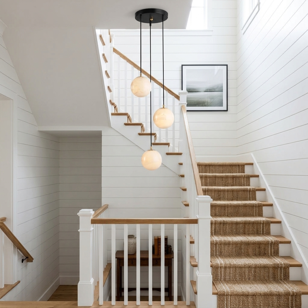 Amadine 3-light alabaster sphere cluster chandelier in a farmhouse stairwell