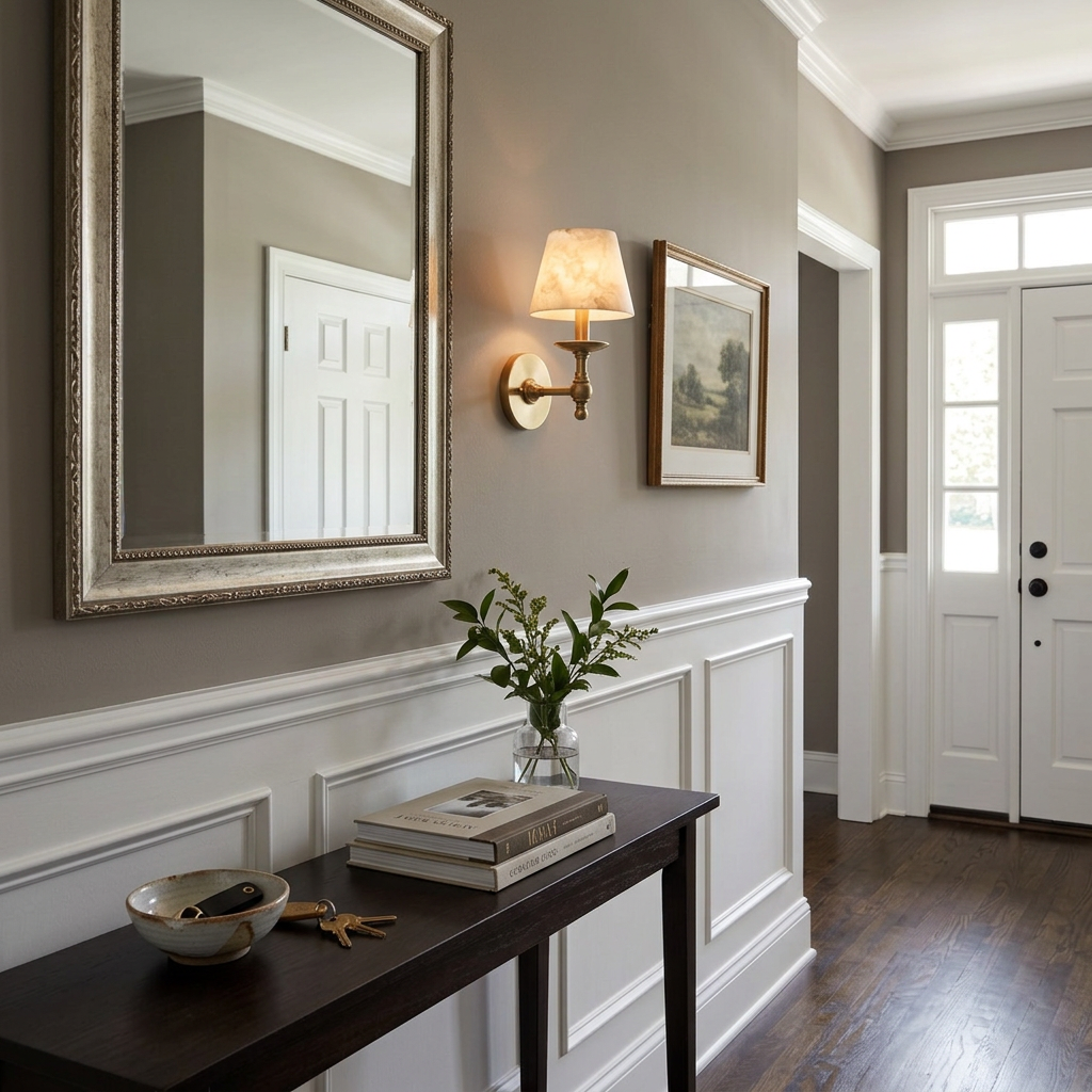 Agathe alabaster candlestick wall sconce in Brass, suburban entry hall, Richmond VA