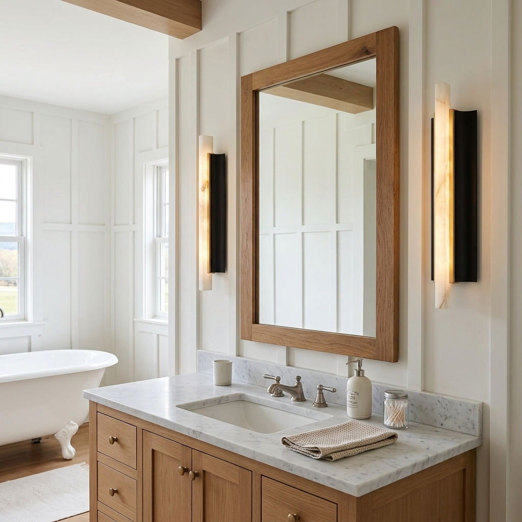 Amelie black blade alabaster wall sconces flanking a farmhouse bathroom mirror