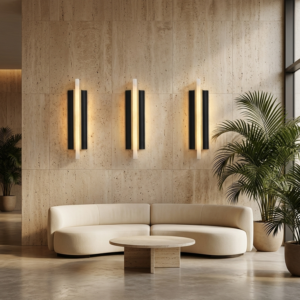 Row of Amelie black blade alabaster wall sconces in a hotel lobby lounge