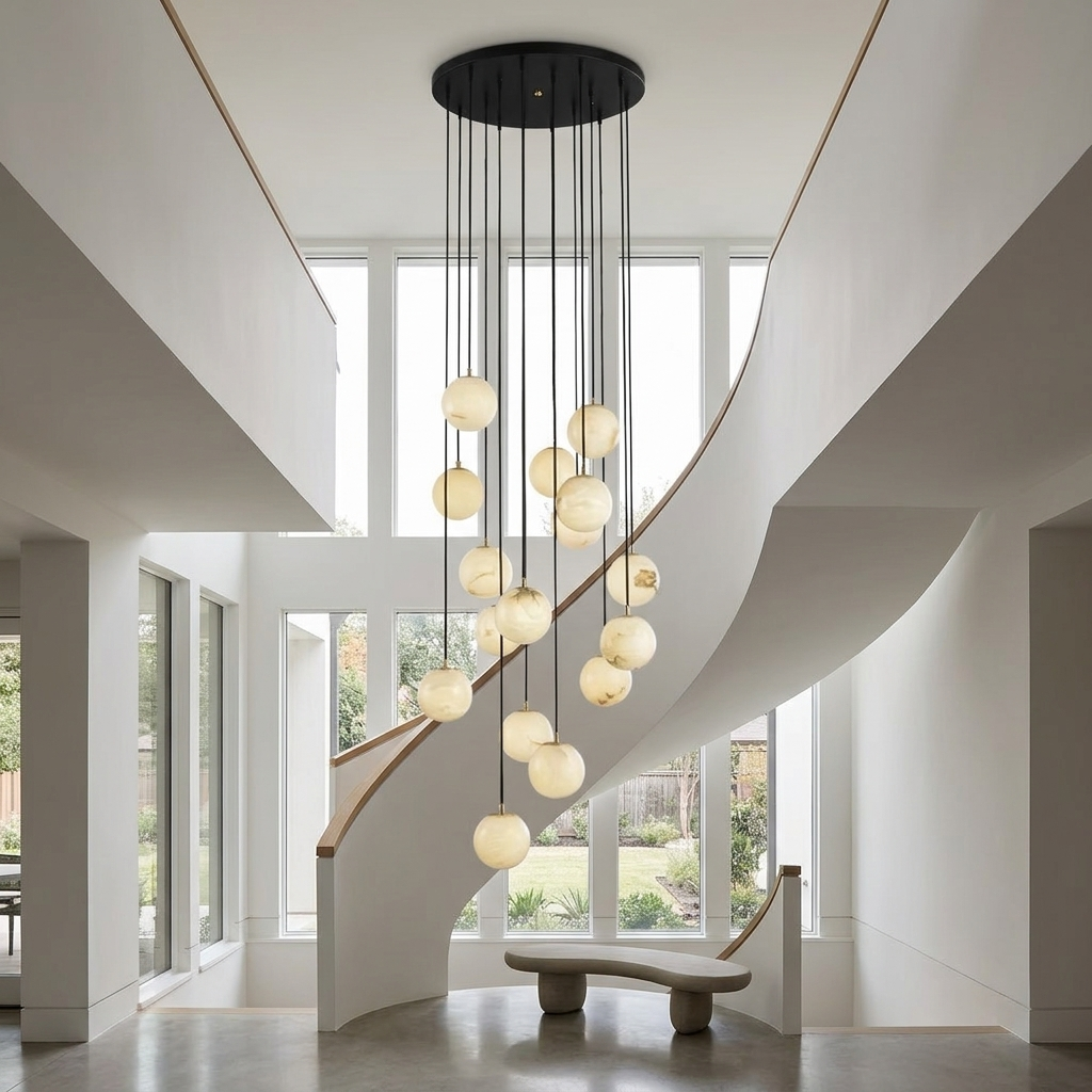 Amadine 16-light alabaster sphere cluster staircase chandelier in a three-storey stairwell