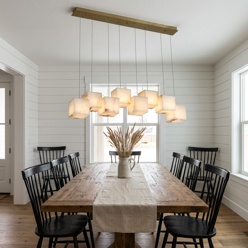 Arelia 8-light alabaster cube cluster pendant over a farmhouse dining table