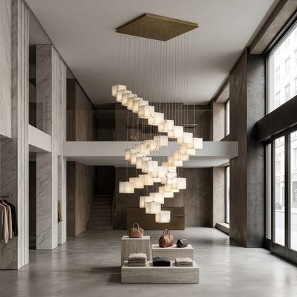 Arelia Model B 36-light zigzag alabaster cube chandelier in a double-height New York boutique