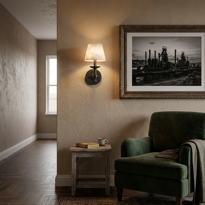 Agathe alabaster candlestick wall sconce in Black, apartment reading nook, Pittsburgh PA