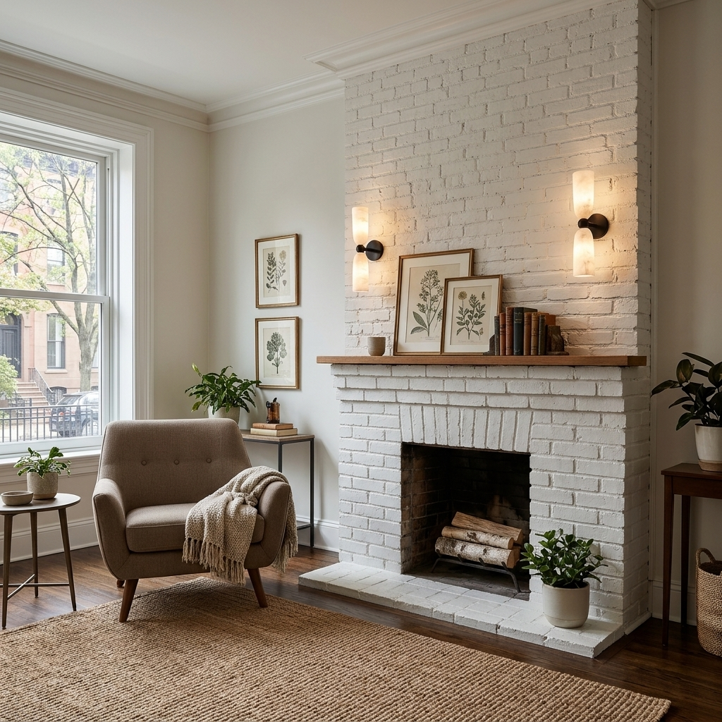 Alvane double bell alabaster wall sconce in black &amp; white in an apartment living room in Philadelphia, Pennsylvania