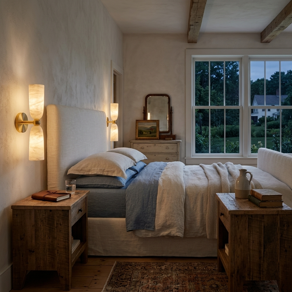 Alvane double bell alabaster wall sconce in gold &amp; white in a farmhouse bedroom in Burlington, Vermont