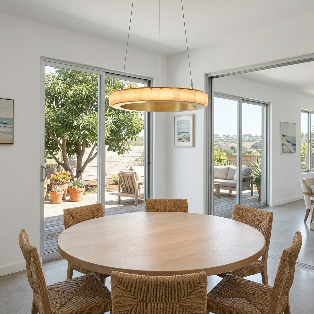 Almira alabaster halo ring chandelier, single ring brass, in a suburban dining room in San Diego, California