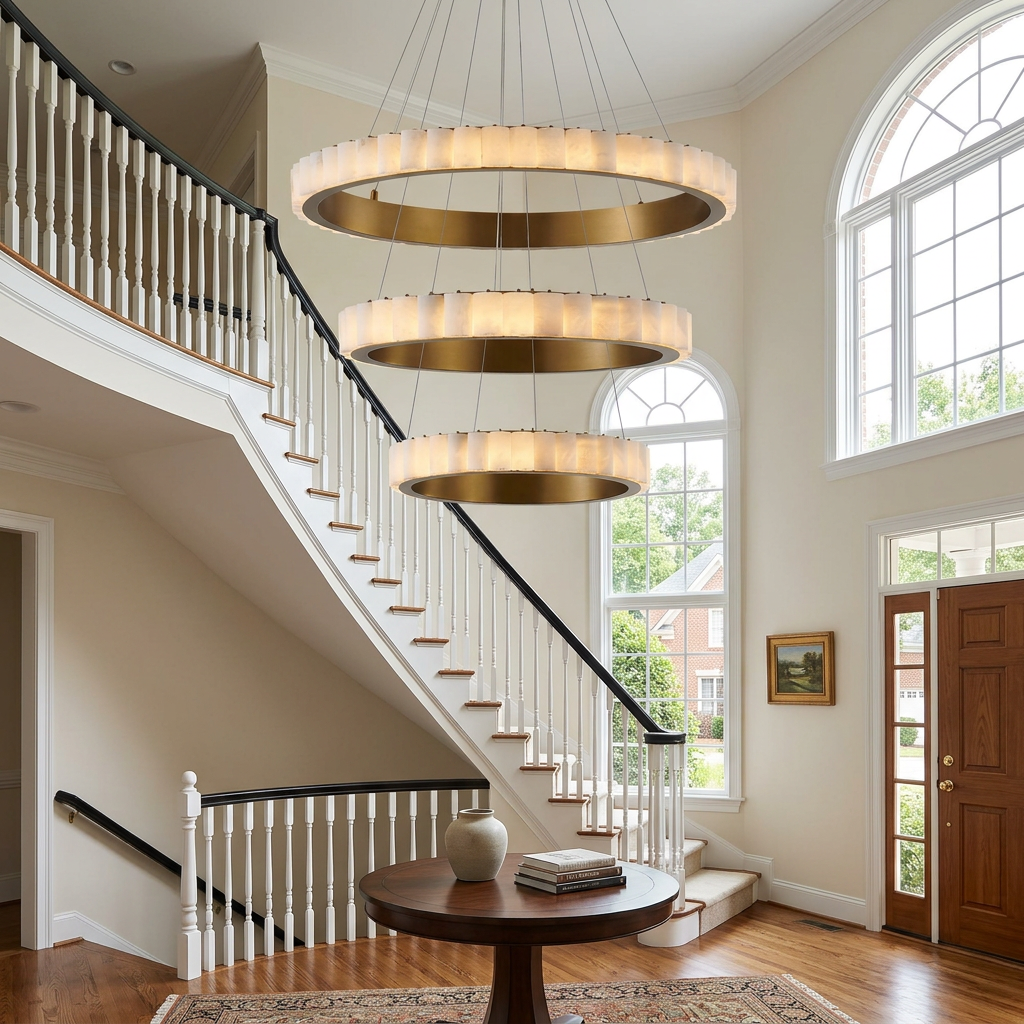Almira alabaster halo ring chandelier, three rings brass, in a two-storey entry foyer of a suburban home in Raleigh, North Carolina