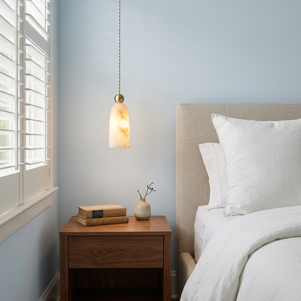 Ansette single alabaster bell pendant beside a bed in a suburban bedroom