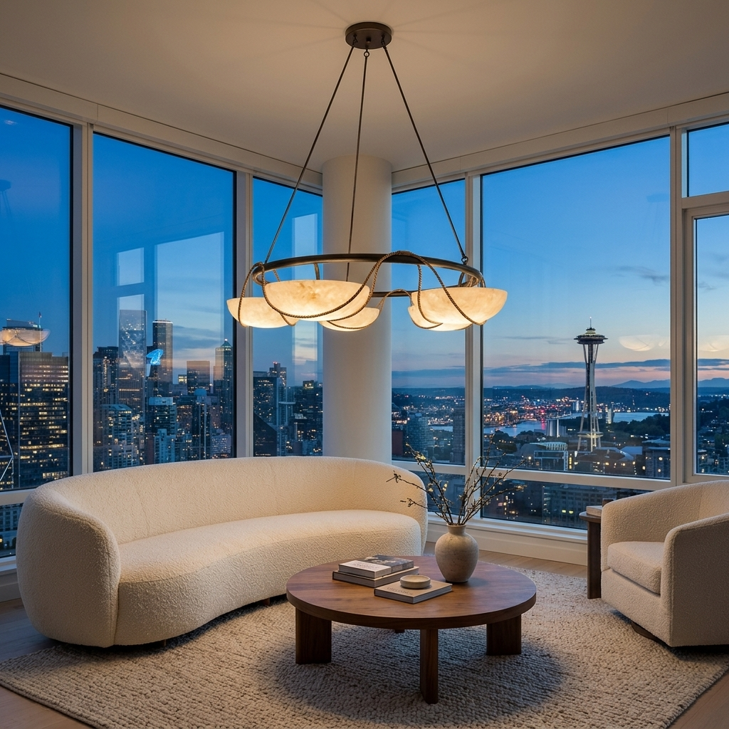 Antheia four bowl alabaster ring chandelier in a high-rise apartment living room
