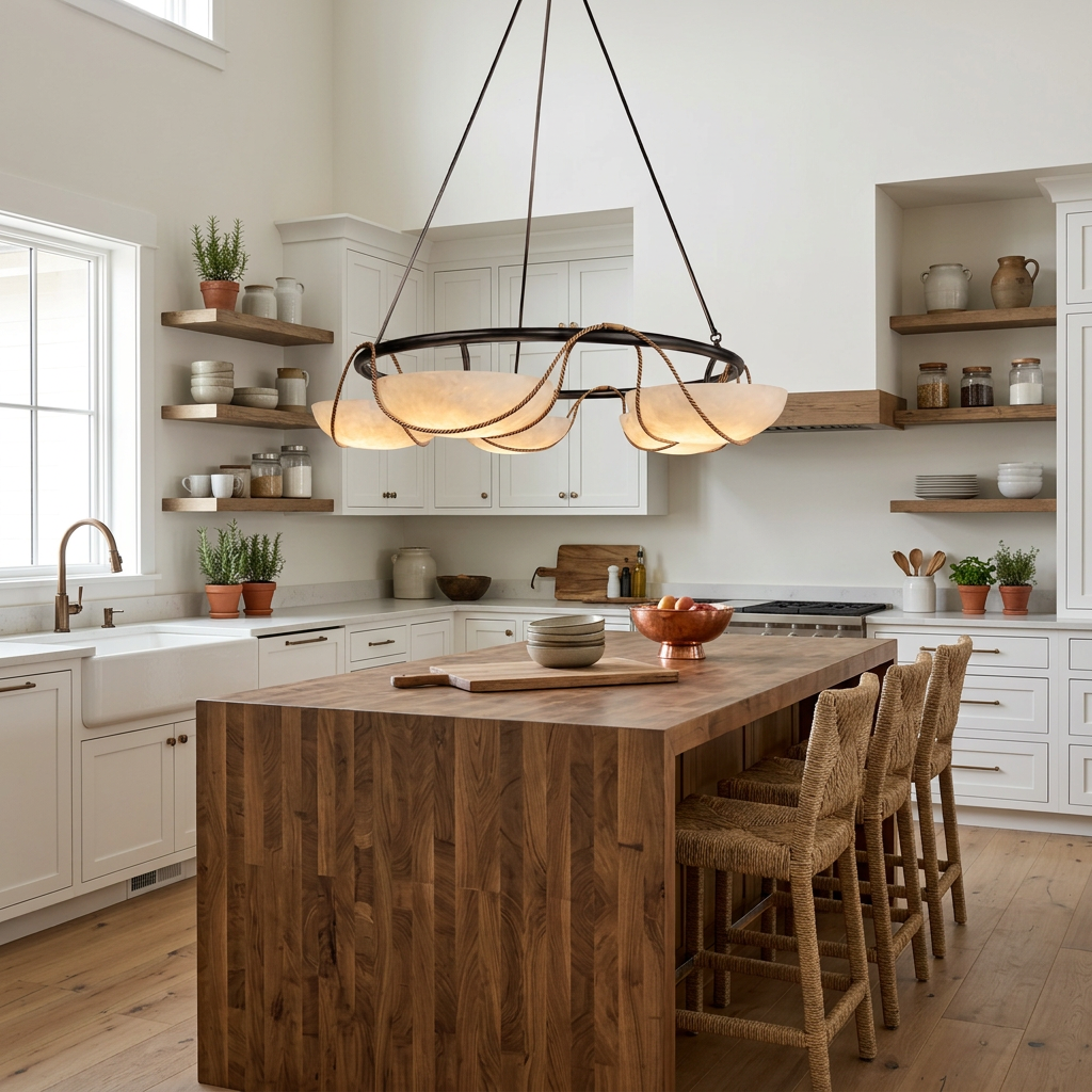 Antheia four bowl alabaster ring chandelier over a farmhouse kitchen island