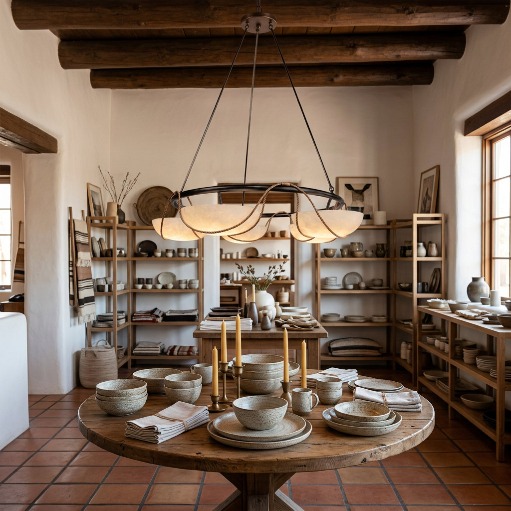 Antheia four bowl alabaster ring chandelier in a home goods store