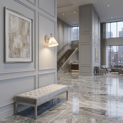 Alcyone alabaster cone wall sconce, Nickel &amp; White: hotel lobby corridor, Boston