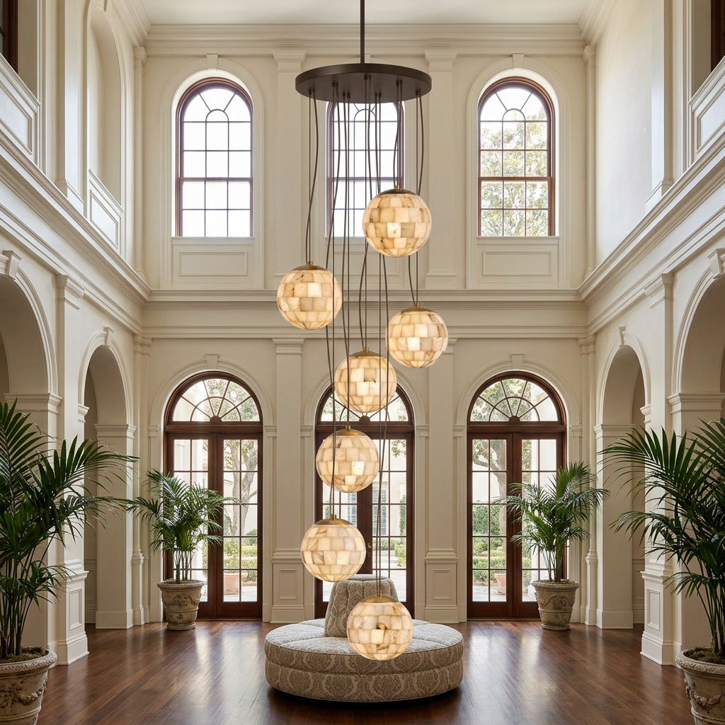 Aldora alabaster globe pendant, 7 Lights: hotel atrium lobby, Charleston SC