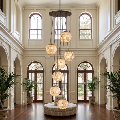 Aldora alabaster globe pendant, 7 Lights: hotel atrium lobby, Charleston SC