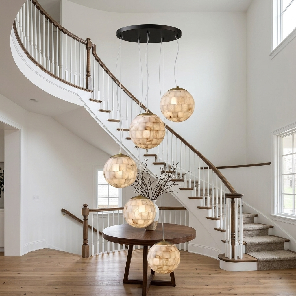 Aldora alabaster globe pendant, 5 Lights: double-height foyer, Columbus OH