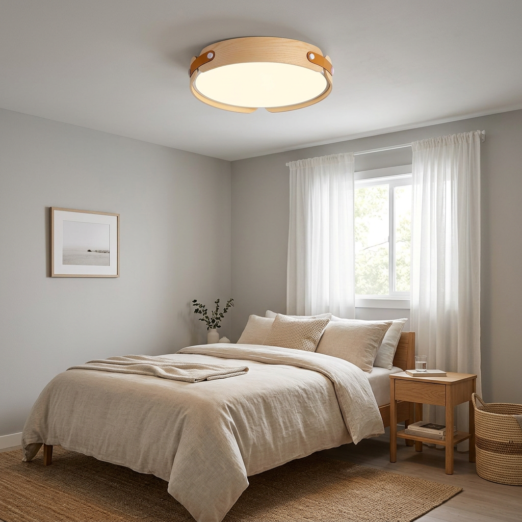 Allegra slim wood LED flush mount, Wood Color: guest bedroom, suburban house, Boise ID