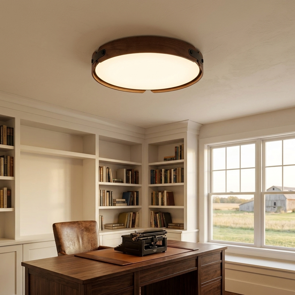 Allegra slim wood LED flush mount, Walnut Color: farmhouse home study, Madison WI