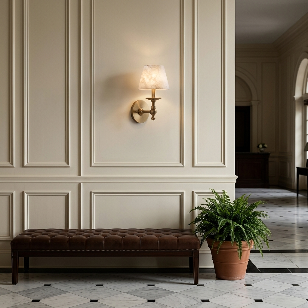 Agathe alabaster candlestick wall sconce in Brass, hotel lobby, New Orleans LA