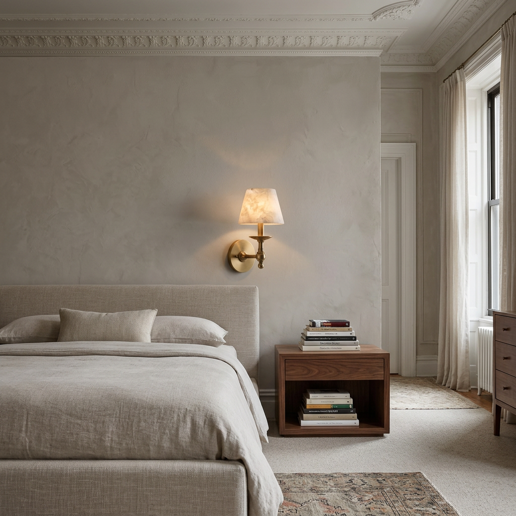 Agathe alabaster candlestick wall sconce in Brass, apartment bedroom, New York NY