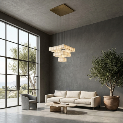 Arelia Model A 36-light tiered square alabaster cube chandelier in a two-storey Los Angeles living room