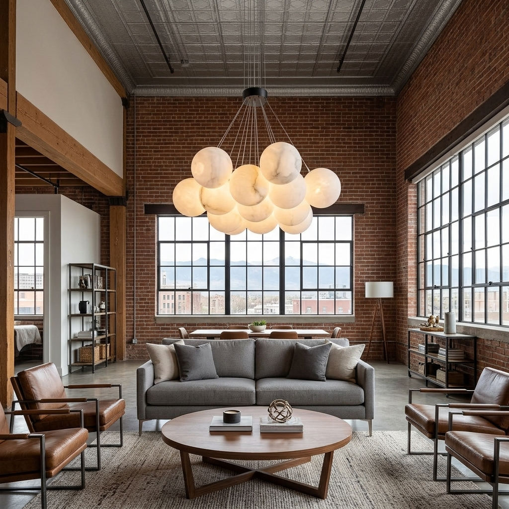 Alix alabaster ball cluster chandelier, 13 lights black, in a loft apartment living room in Denver, Colorado
