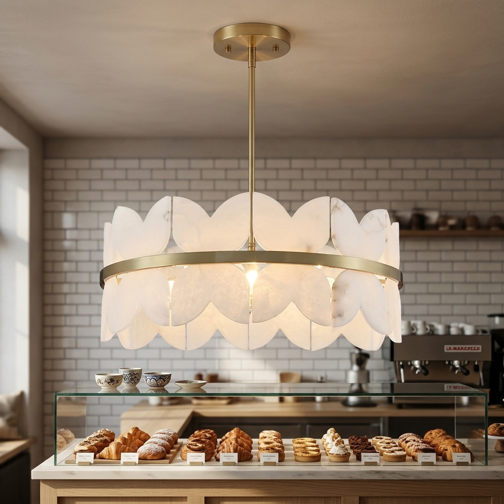 Cadoria 1 layer 23.6 inch scalloped alabaster chandelier above a Boise bakery cafe counter