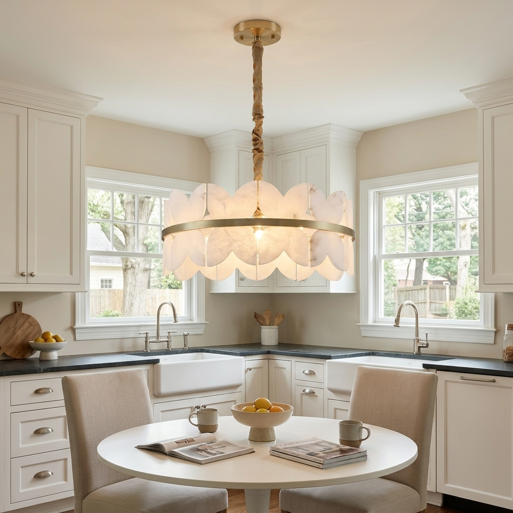 Cadoria 1 layer 23.6 inch scalloped alabaster chandelier over a breakfast table in a Charlotte kitchen