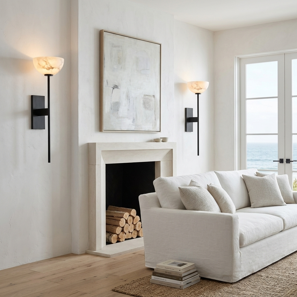 Caelan alabaster cup wall sconces in black flanking a fireplace in a San Diego living room