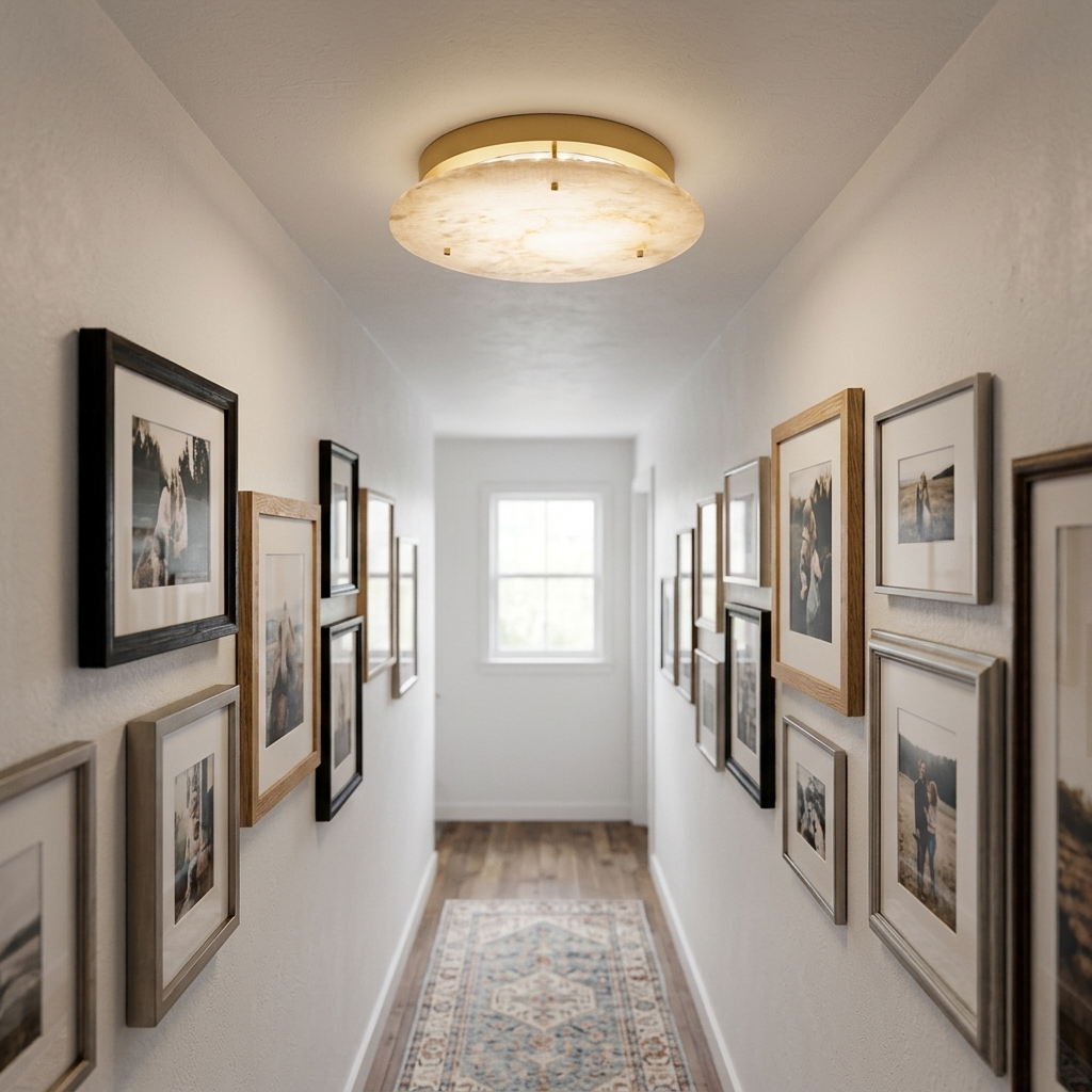 Calanthe 7.9 inch alabaster disc flush mount ceiling light in a Seattle townhouse hallway