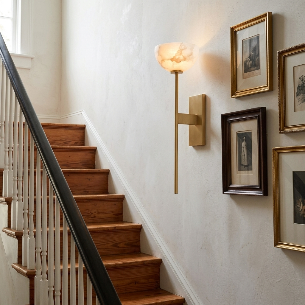 Caelan alabaster cup wall sconce in gold along a staircase in a Charleston home
