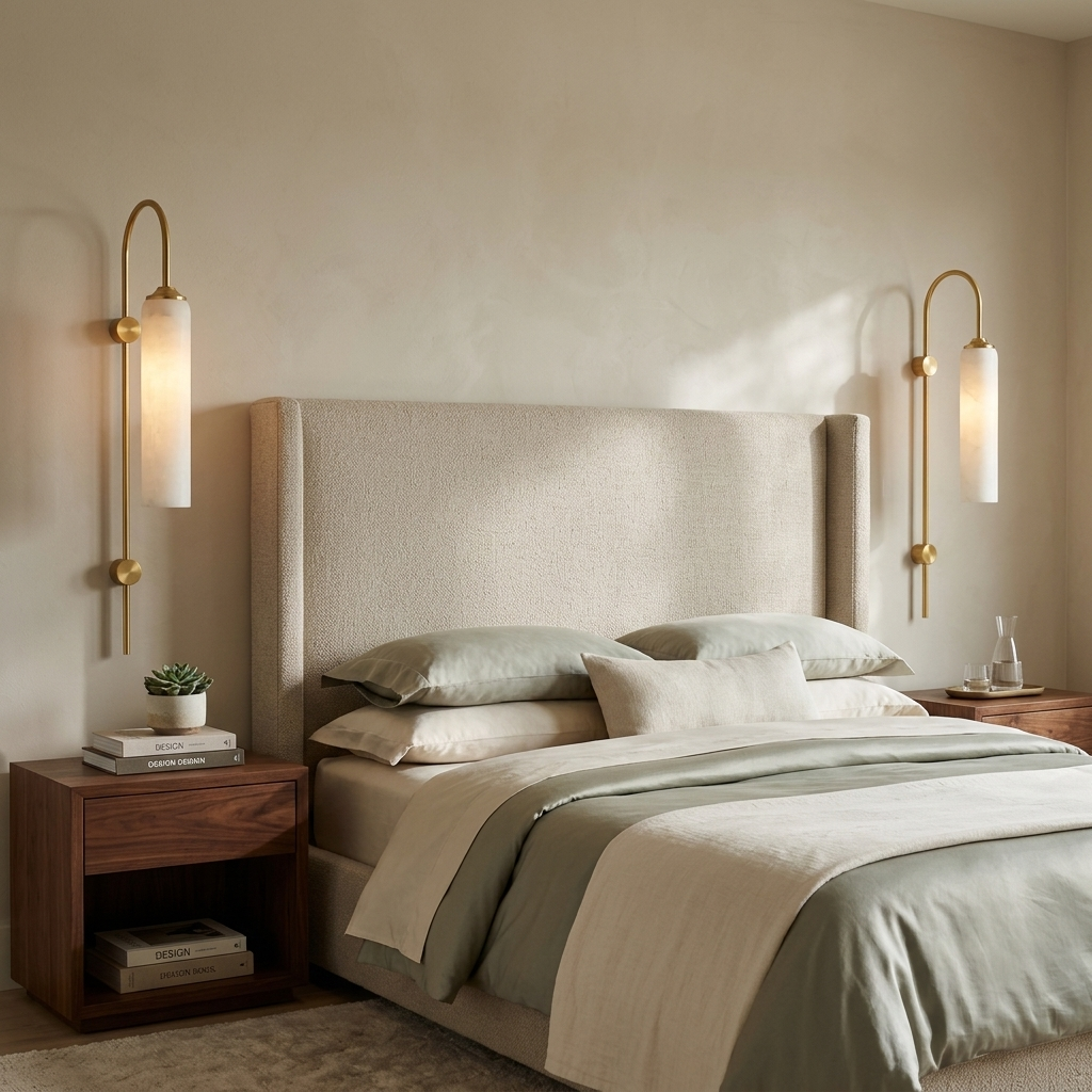 Capucine alabaster cylinder arched arm wall sconces in gold flanking a bed in a Dallas home