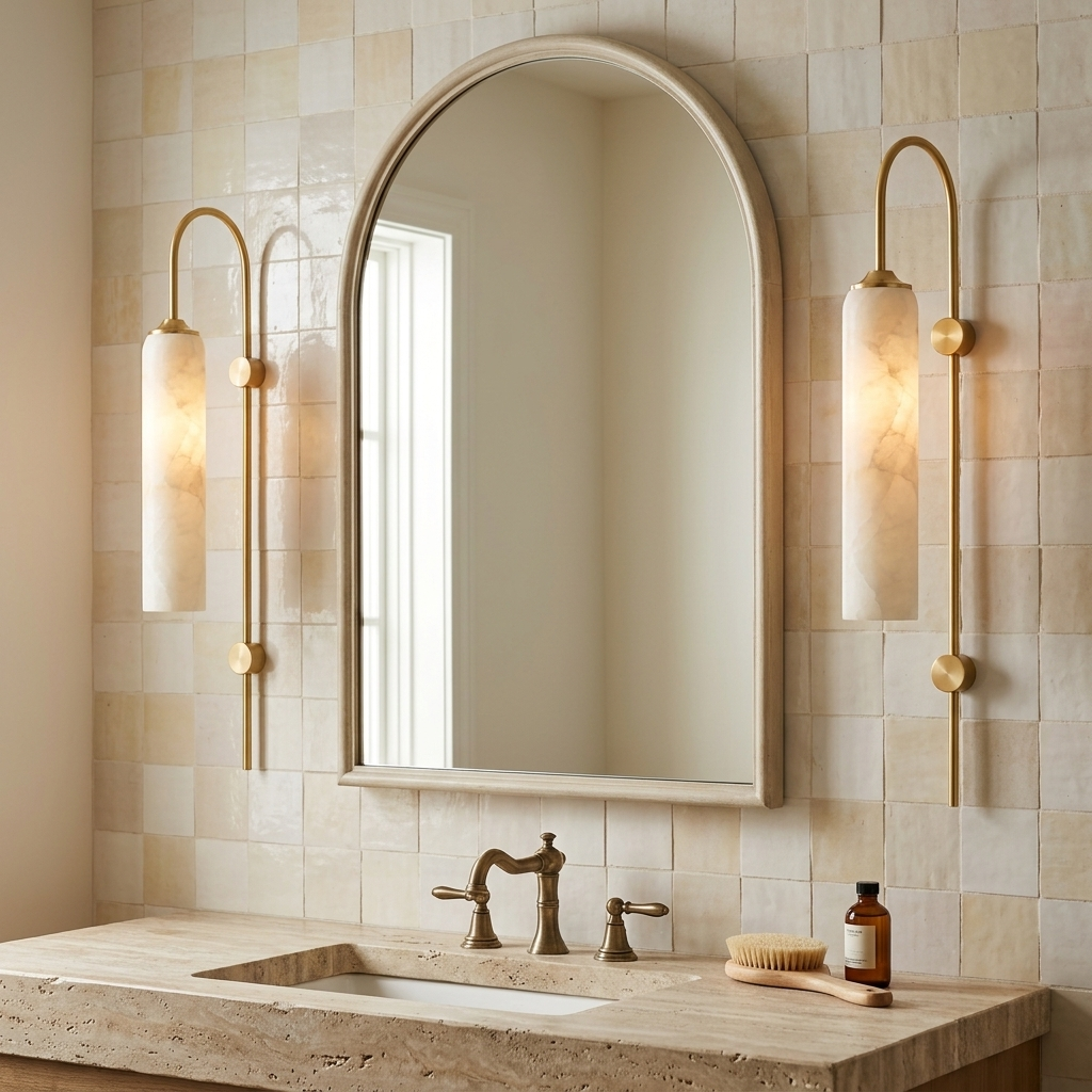 Capucine alabaster cylinder arched arm wall sconces in gold in a Napa farmhouse bathroom