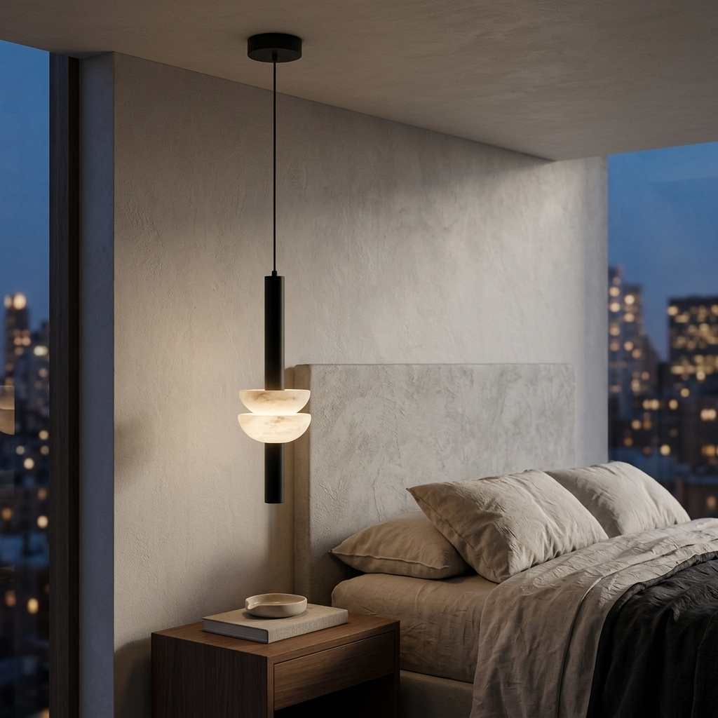 Brontee single alabaster column pendant in black beside a bed in a New York City apartment