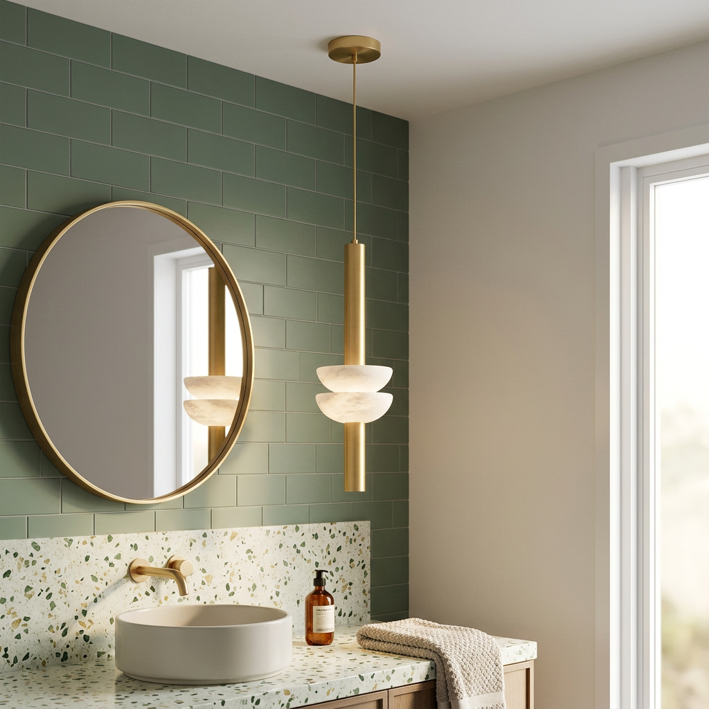 Brontee single alabaster column pendant in gold beside a bathroom mirror in an Austin home