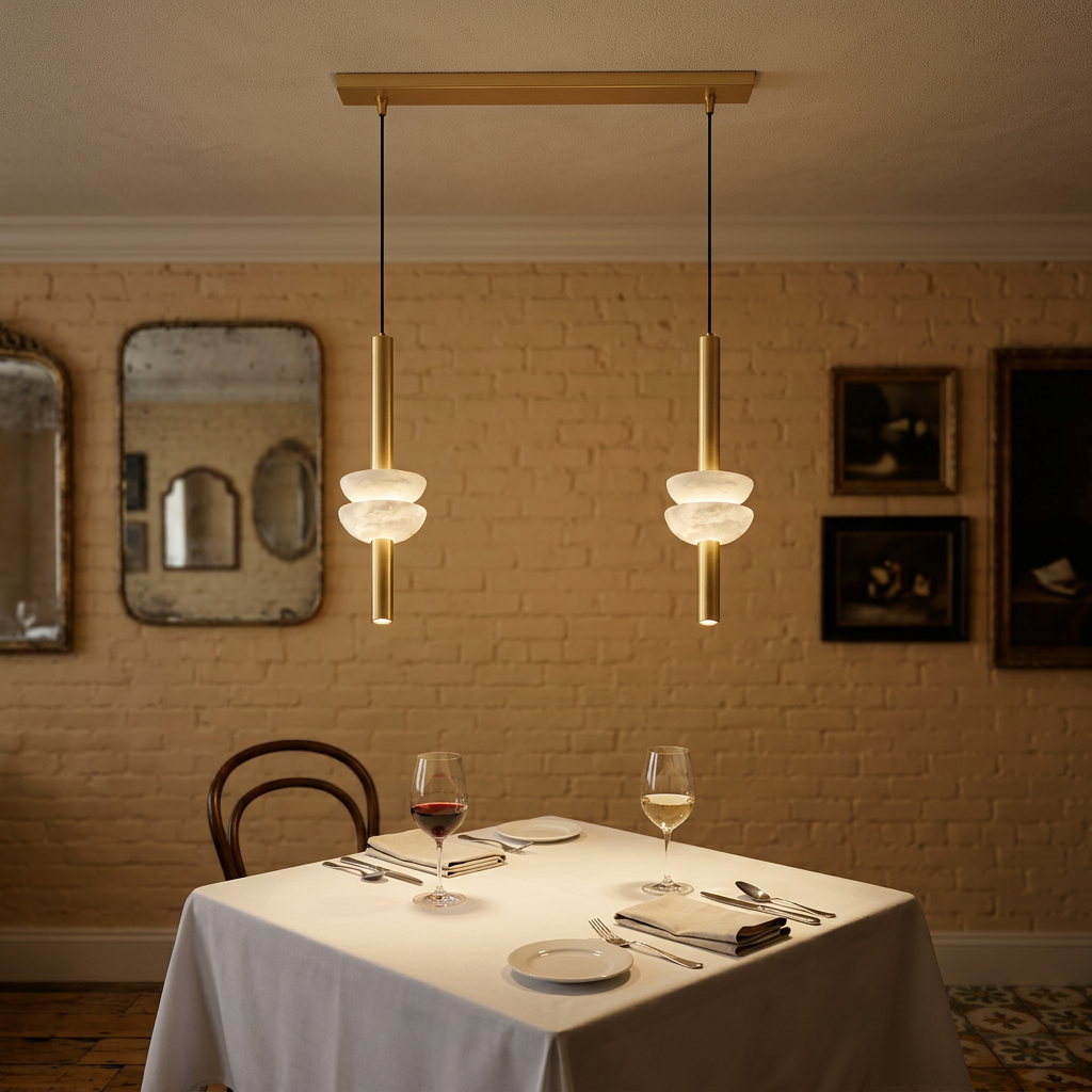 Brontee 2-light linear alabaster pendant in gold over a table in a Charleston restaurant